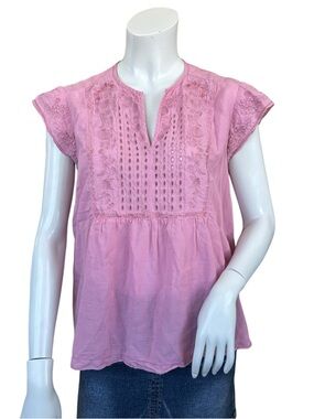 Sundance Pink V Neck Boho Floral Embroidered Short Sleeve Summer Blouse Small